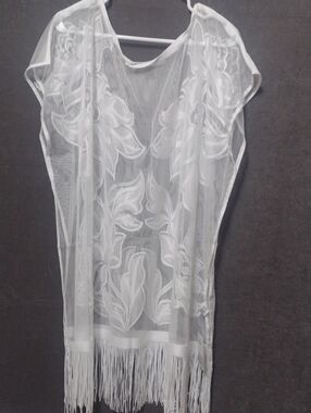 Sheer White Floral Embroidered Fringe Beach Cover-Up